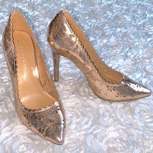 . Lauren Conrad metallic chrome rose gold laser cut heels size 7